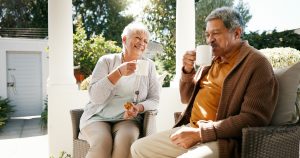 Outdoor,,Old,Couple,And,Breakfast,With,Tea,For,Love,,Bonding